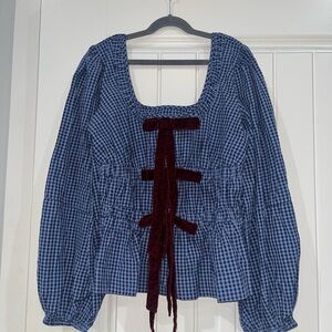Blue Gingham Blouse with Velvet Accents SOLD